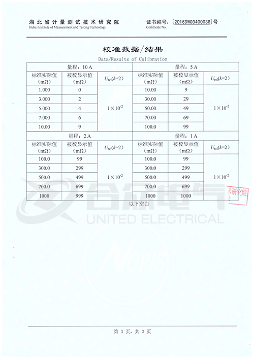 接地引下線導通電阻測試儀證書